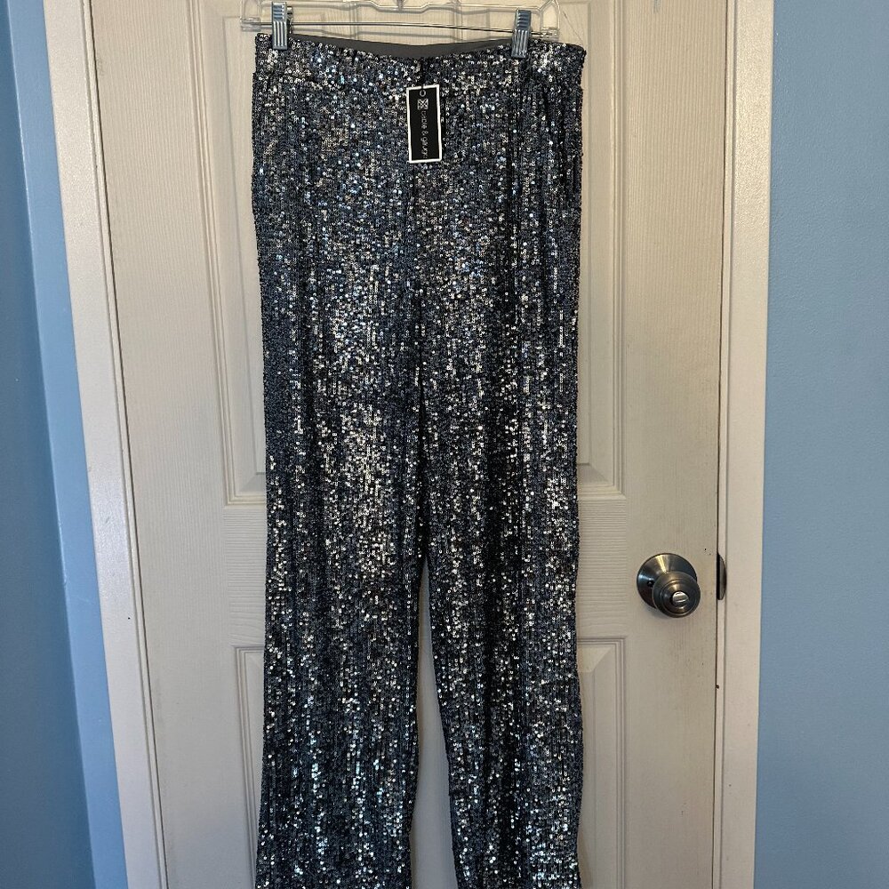 Cable & Gauge Silver Sequin Pants Black Lining Size S NWT